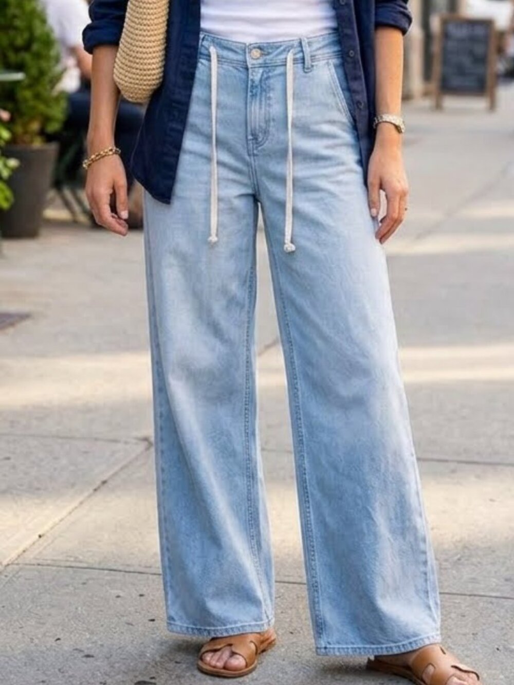 Enjean Woman's Relaxed Baggy Wide Leg Drawstring Denim Raw Hem Jeans Size 3/ 26